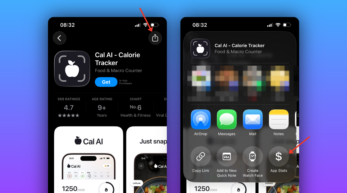 Le bouton Partager d'une fiche App Store, puis App Stats dans le menu de partage