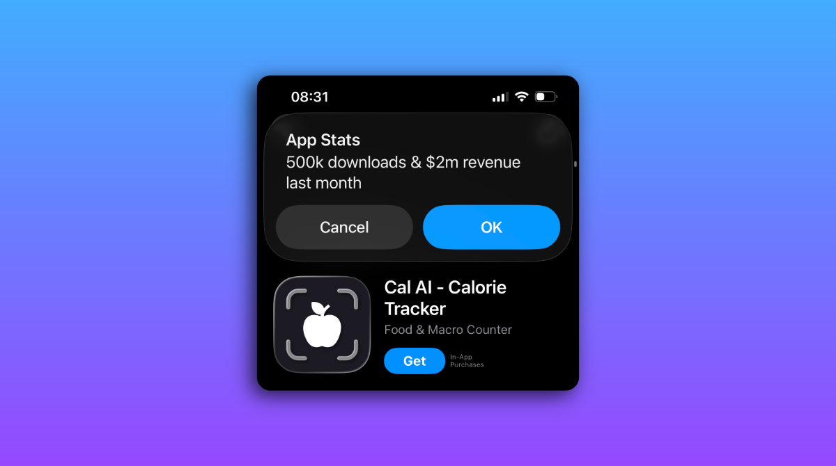 Le raccourci App Stats ouvert sur une fiche App Store : téléchargements et revenus estimés du mois précédent